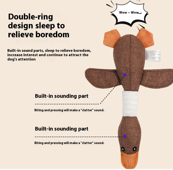 Peluche de pato ecológico para perros, pato de lino de doble anillo, juguete interactivo para dormir para aliviar el aburrimiento, sonido de mordida, juguetes de peluche para perros y gatos.