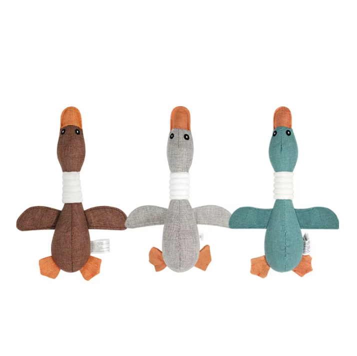 Peluche de pato ecológico para perros, pato de lino de doble anillo, juguete interactivo para dormir para aliviar el aburrimiento, sonido de mordida, juguetes de peluche para perros y gatos.