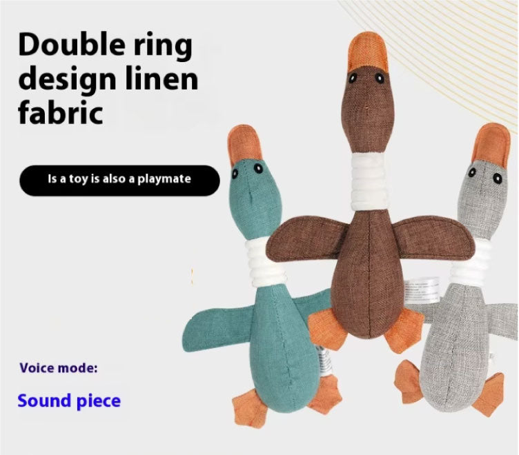 Peluche de pato ecológico para perros, pato de lino de doble anillo, juguete interactivo para dormir para aliviar el aburrimiento, sonido de mordida, juguetes de peluche para perros y gatos.